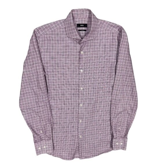 Hugo Boss Slim Fit Dress Shirt Check Houndstooth Cotton Pink 38 15 Small - Picture 1 of 10